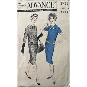 1950’s Advance 8795 Sewing Pattern Misses Two Piece Dress Slim Skirt Roll Collar